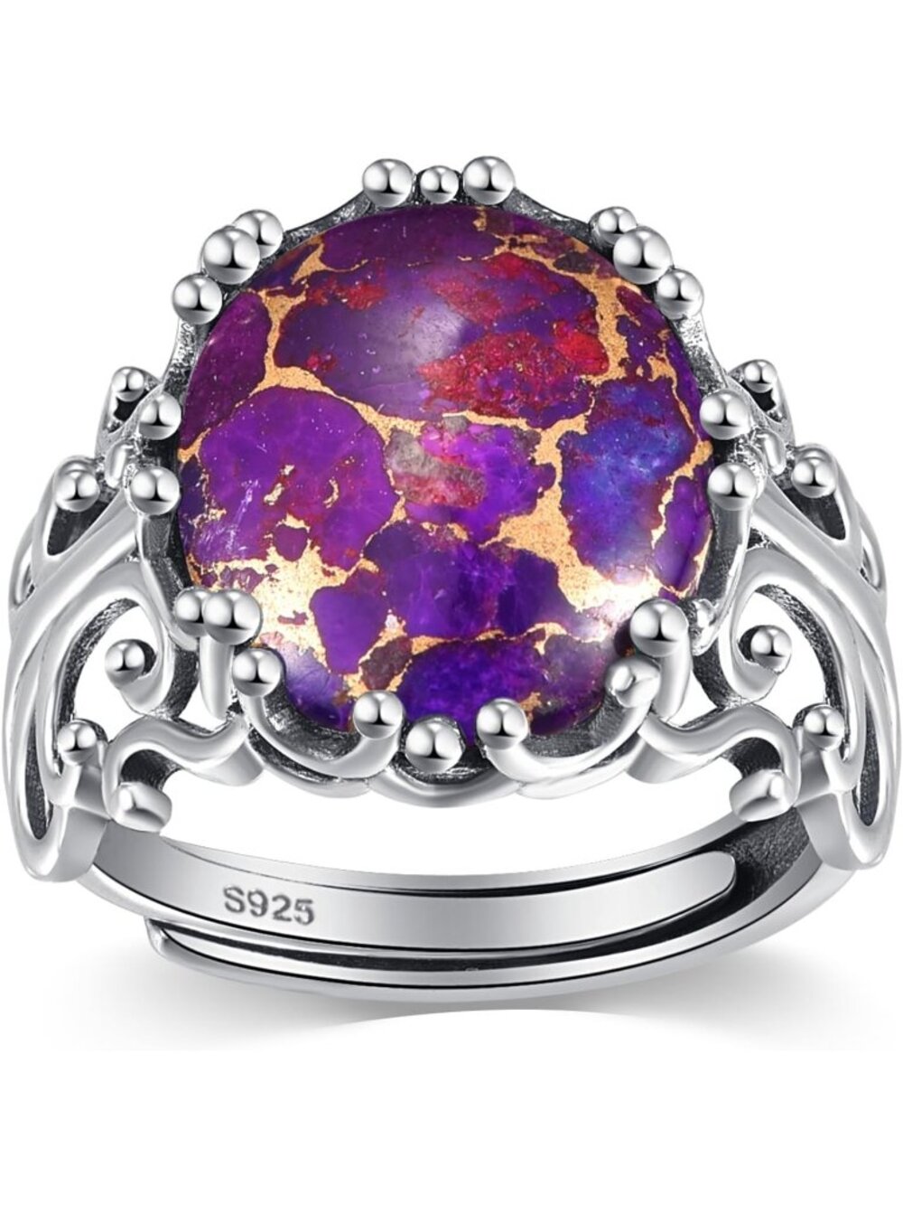 Women Purple Turquoise Adjustable 925 Sterling Silver Vintage Oval Filigree Ring